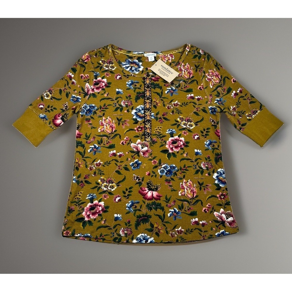 NWT-Sundance Floral Haven Henley 3/4 Sleeve Shirt Brown Boho Embroidered Size XS